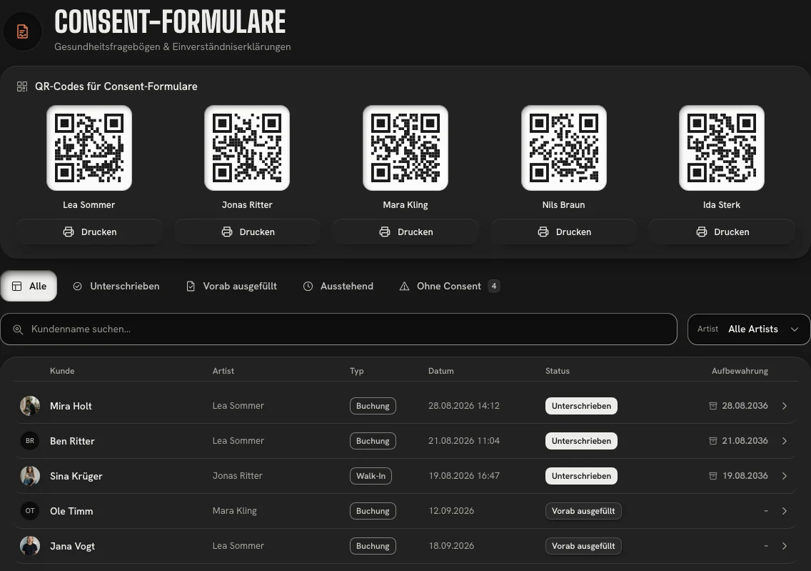 Die Consent-Formulare eines Studios: QR-Codes je Artist zum Drucken und die Liste der Formulare mit Typ, Status und Aufbewahrungsfrist