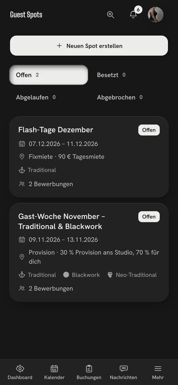 Zwei offene Guest Spots mit Zeitraum, Vergütung und Stilen