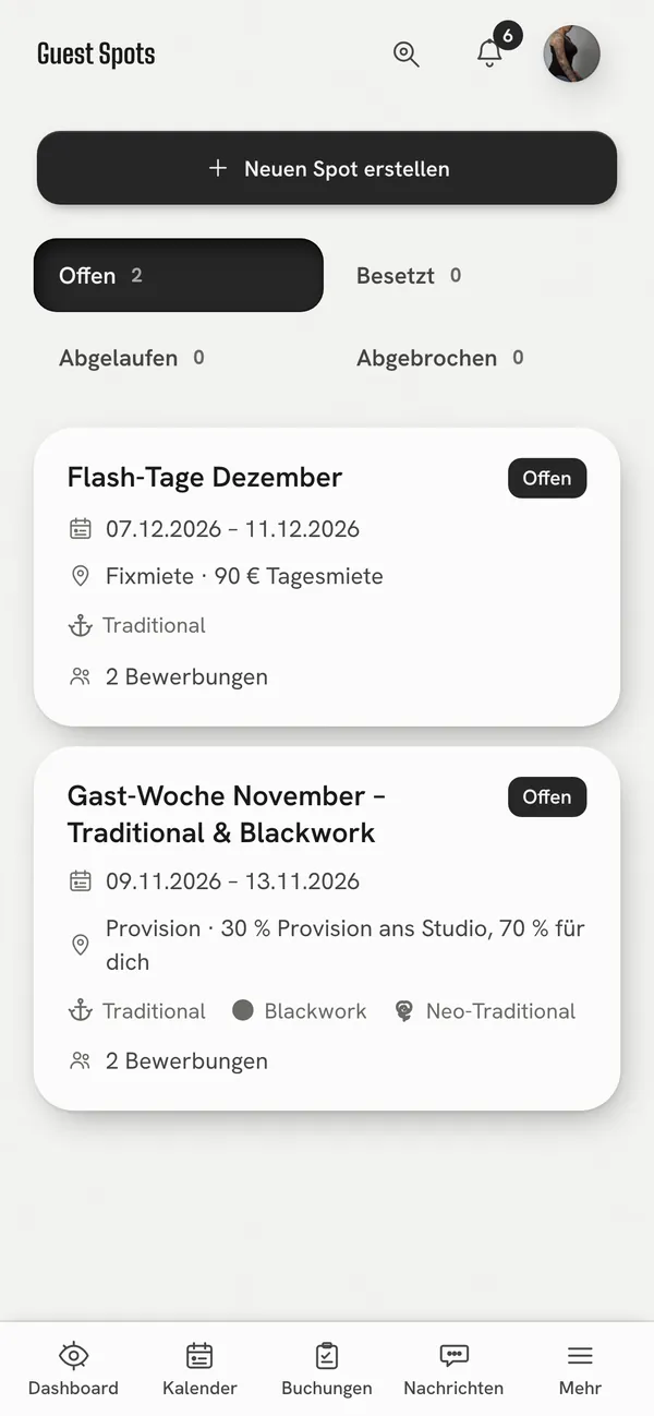 Zwei offene Guest Spots mit Zeitraum, Vergütung und Stilen