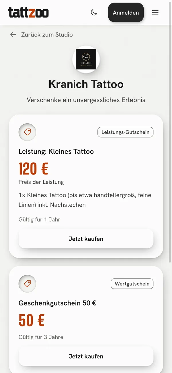 Der Gutschein-Shop eines Studios: Leistungs-Gutschein und Wertgutschein mit „Jetzt kaufen“