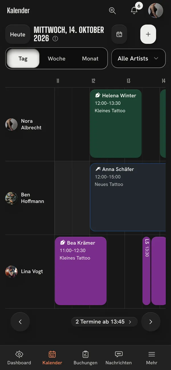 Der Tag im Kalender am Handy, je Artist eine Zeile, jeder Termin mit dem Symbol seiner Terminart