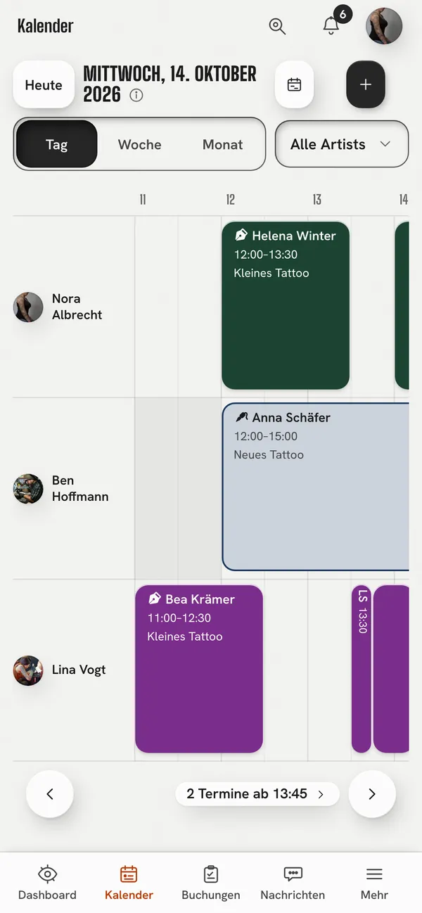 Der Tag im Kalender am Handy, je Artist eine Zeile, jeder Termin mit dem Symbol seiner Terminart