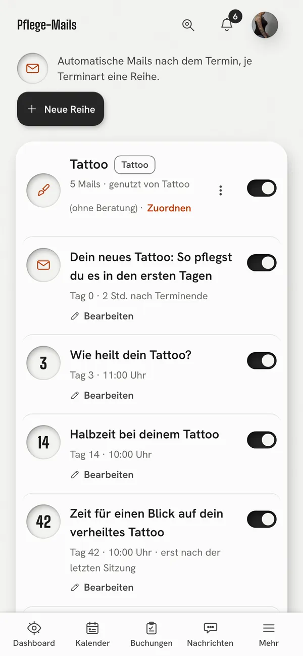 Die Pflege-Mails eines Studios: eine Reihe je Terminart mit Tag 0, 3, 14 und 42