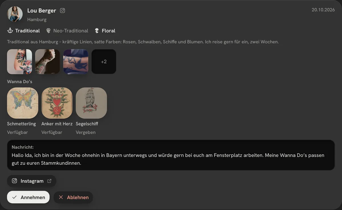 Beispiel: eine Bewerbung im Dashboard eines Studios – Porträt, Name, Stadt, Stile, Bio, Portfolio und Wanna Do’s der Gast-Artist
