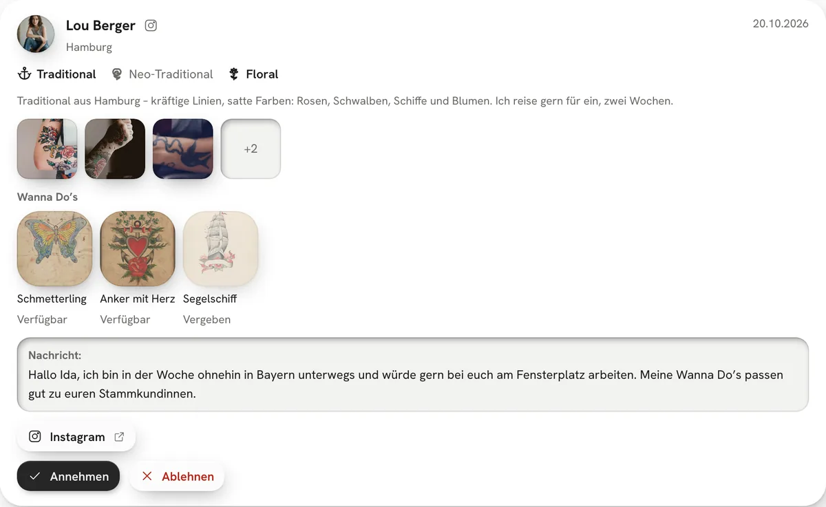 Beispiel: eine Bewerbung im Dashboard eines Studios – Porträt, Name, Stadt, Stile, Bio, Portfolio und Wanna Do’s der Gast-Artist