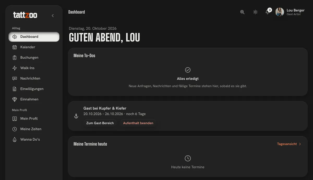 Beispiel: das Dashboard des Gaststudios aus Sicht der Gast-Artist – Zeitraum des Aufenthalts und nur die eigenen Bereiche