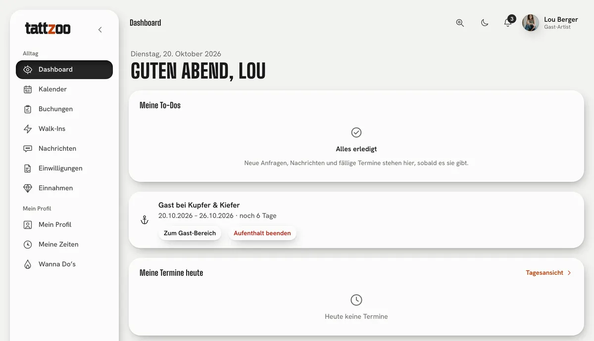 Beispiel: das Dashboard des Gaststudios aus Sicht der Gast-Artist – Zeitraum des Aufenthalts und nur die eigenen Bereiche