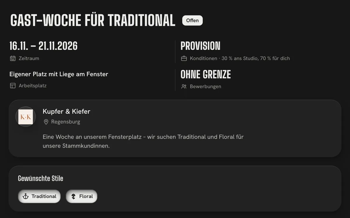 Beispiel: eine Ausschreibung im Gast-Bereich – Zeitraum, Konditionen, Arbeitsplatz, Plätze und gewünschte Stile
