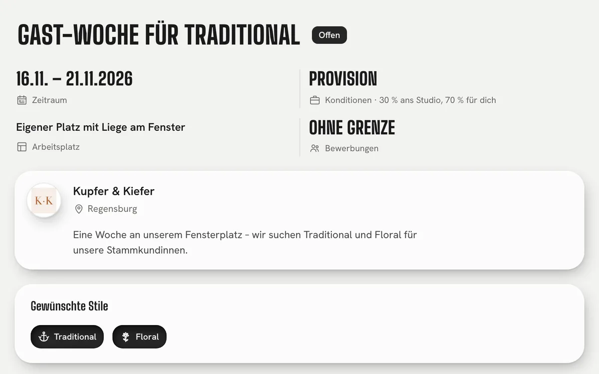 Beispiel: eine Ausschreibung im Gast-Bereich – Zeitraum, Konditionen, Arbeitsplatz, Plätze und gewünschte Stile